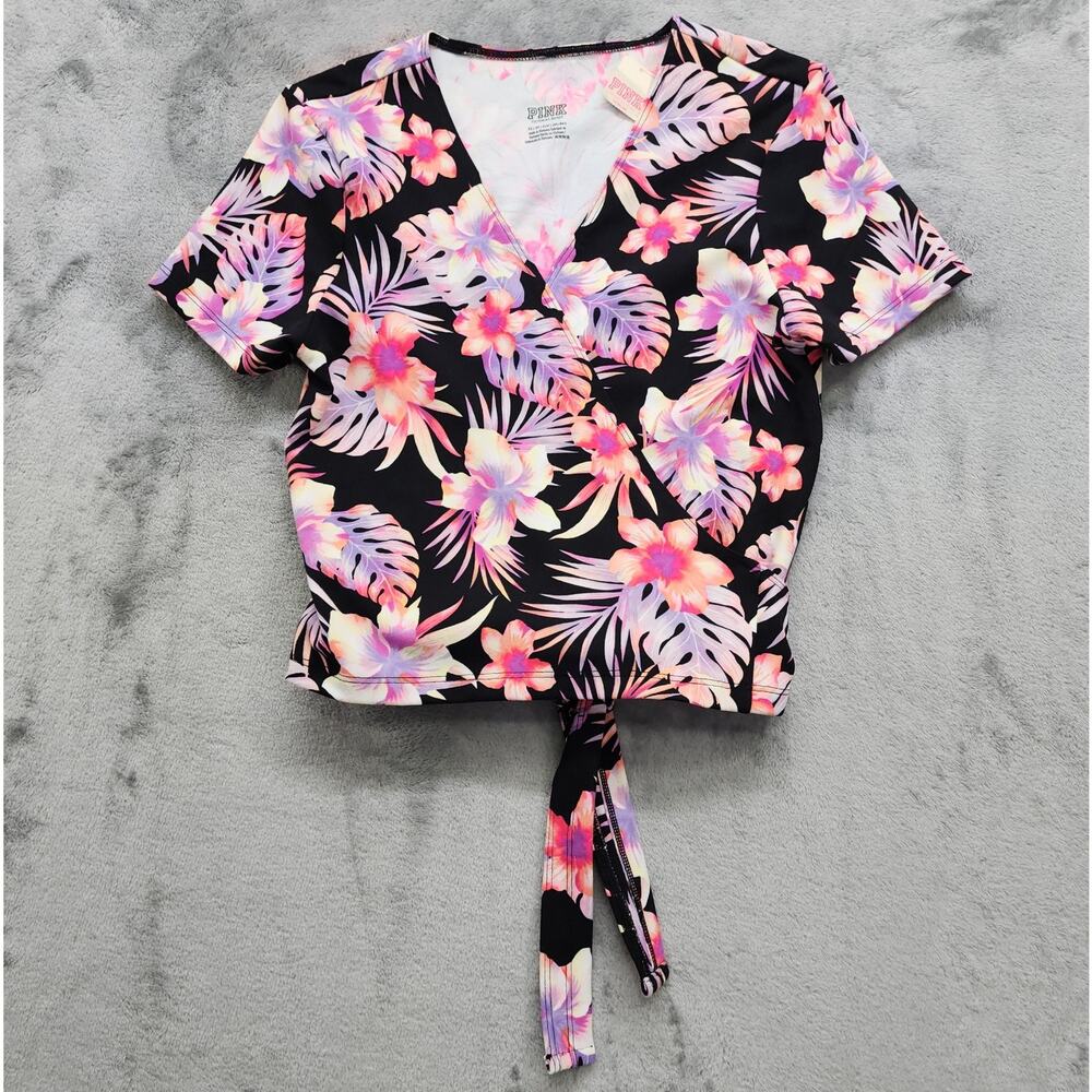 PINK Victoria's Secret Top Womens XS Black Purple Tropical Ultimate Wrap V-Neck